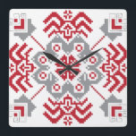 Latvian Auseklis Folk art geometric medallion Square Wall Clock<br><div class="desc">In Latvian folklore,  Auseklis-Morning sun or star symbolizes light prevailing in the fight over dark. This symbol protects and opposes negative energy. The motif is in traditional Latvian colors,  red and linen gray. 
 
Perfect gift for a Latvian,  pagan,  and folklore enthusiast ;)</div>