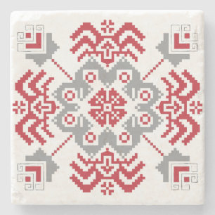 Latvian Auseklis Folk art geometric medallion Stone Coaster