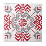 Latvian Auseklis Folk art geometric medallion Tile<br><div class="desc">In Latvian folklore,  Auseklis-Morning sun or star symbolises light prevailing in the fight over dark. This symbol protects and opposes negative energy. The motif is in traditional Latvian colours,  red and linen grey. 
 
Perfect gift for a Latvian,  pagan,  and folklore enthusiast ;)</div>