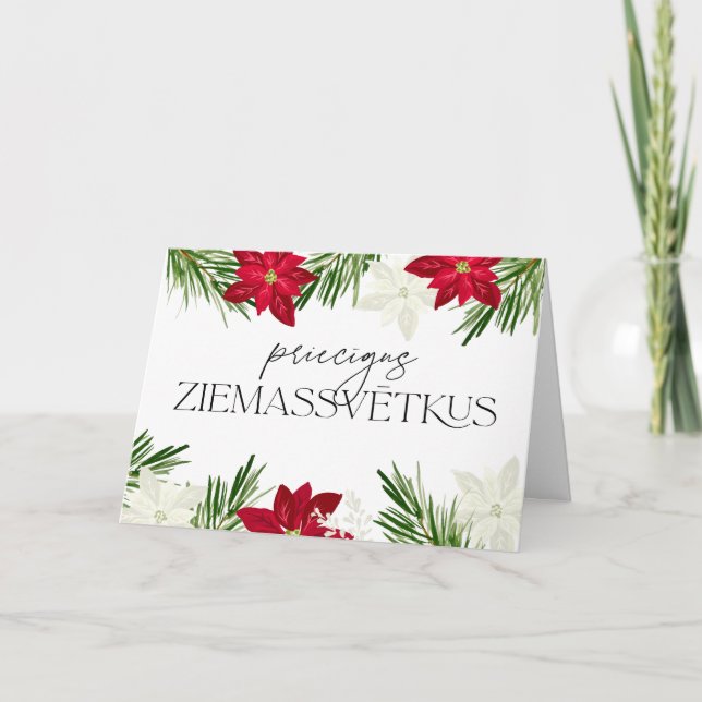 Latvian Christmas Red Poinsettia Ziemassvetki Card (Front)