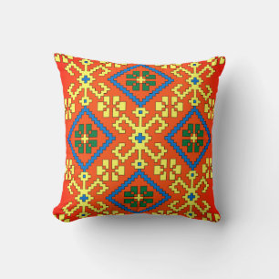 Latvian Ethnic orange blue folk art from Alsunga Cushion