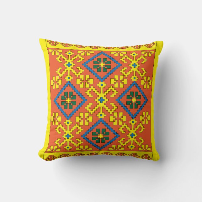 Latvian Ethnic orange yellow folk art from Alsunga Cushion (Front)