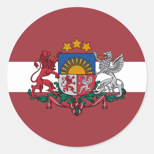 Latvian Flag & Coat of Arms, Flag of Latvia Classic Round Sticker (Front)
