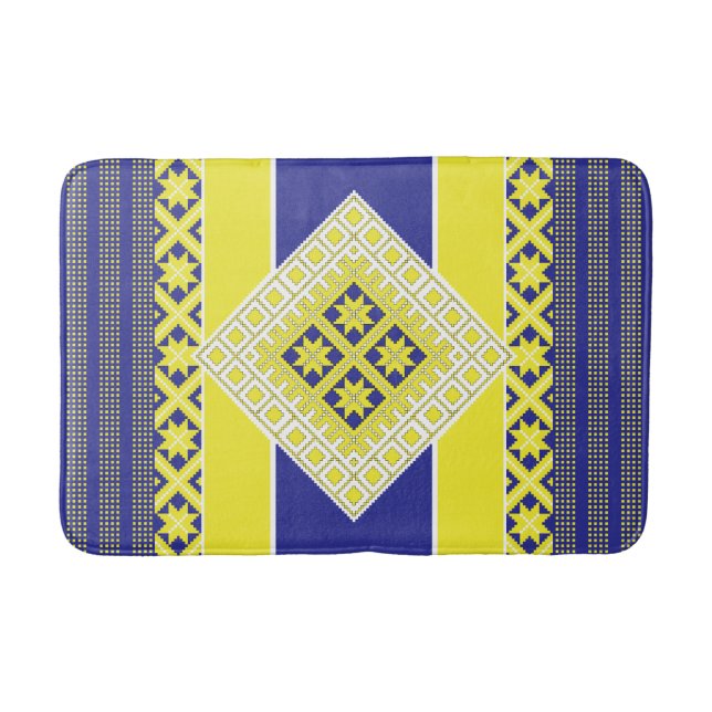 Latvian folk art blue yellow geometric Medallion Bath Mat (Front)