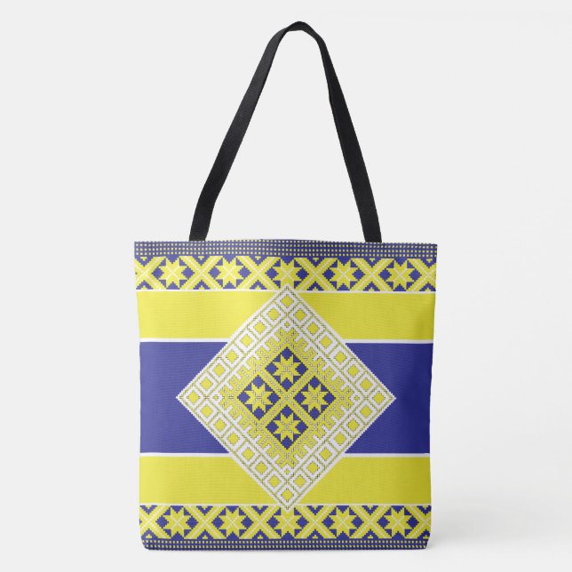 Latvian folk art blue yellow geometric Medallion Tote Bag (Front)