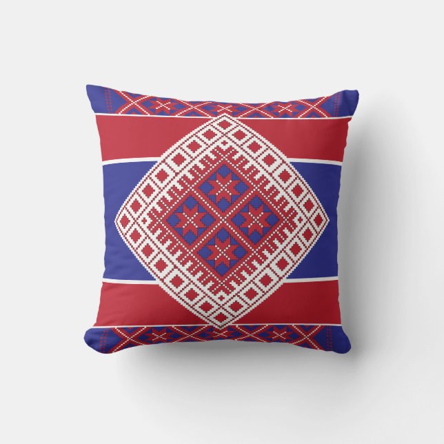 Latvian folk art red and blue geometric Medallion Cushion (Front)