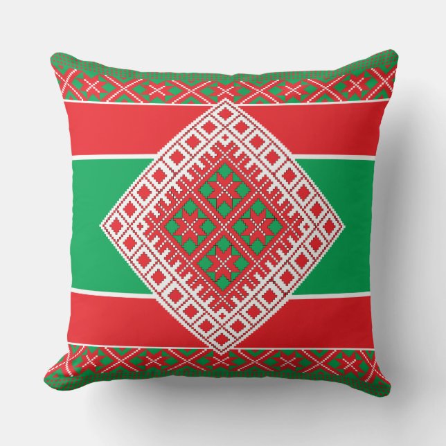 Latvian folk art red and green geometric Medallion Cushion (Front)