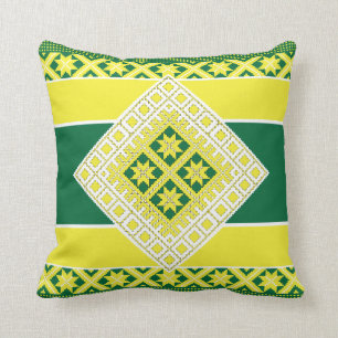 Latvian folk art yellow green geometric Medallion Cushion