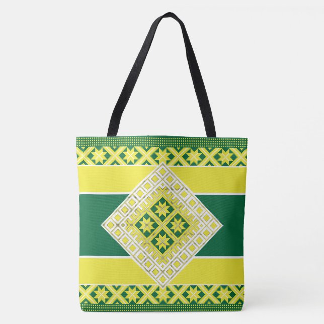 Latvian folk art yellow green geometric Medallion Tote Bag (Front)