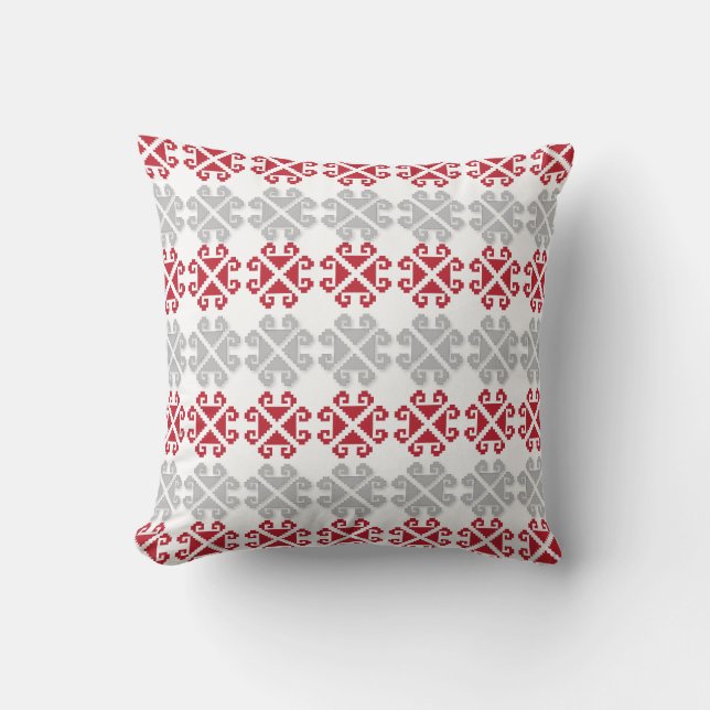 Latvian red and grey geometric Moon cross Cushion (Front)