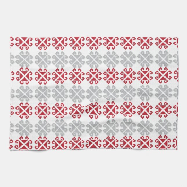 Latvian red and grey geometric Moon cross Tea Towel (Horizontal)