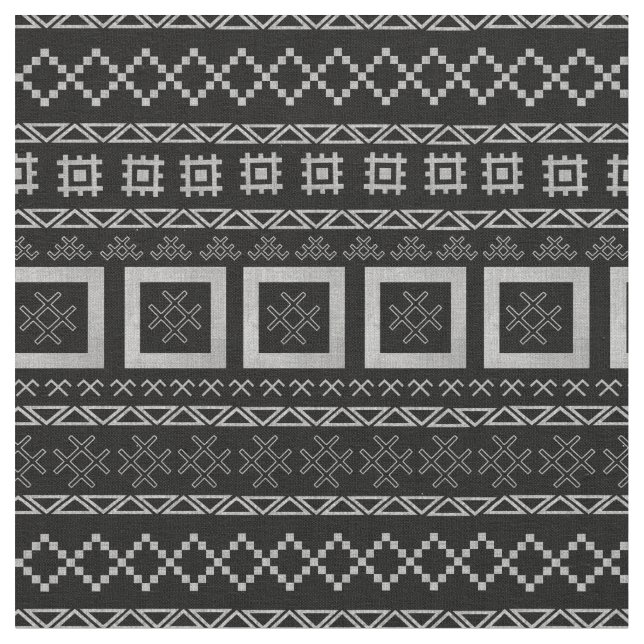 Latvian Traditional Symbols on Mudcloth Black Fabric (Close Up)