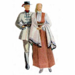 latviesu paritis tautas terpos standing photo sculpture<br><div class="desc">Latviesu tautu meita un tautu dels, Latvian traditonal regional costumes on male and femaie figures</div>