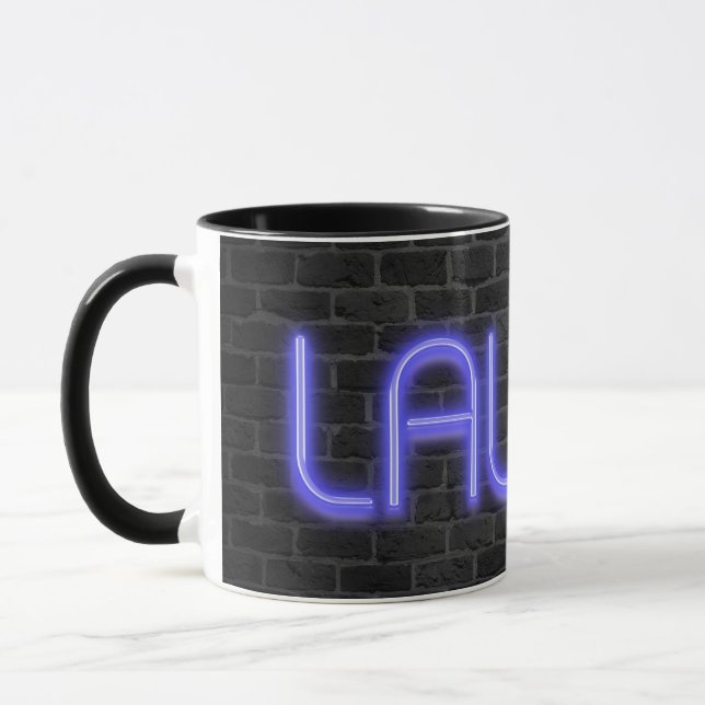 LAUGH text in neon lights on brick Mug (Left)