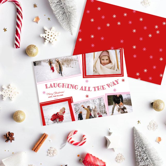Laughing all the way fun photo collage Christmas Holiday Card (Laughing all the way fun festive 5 photo collage holiday card. Red, white and pink.)