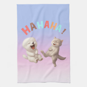 Laughing Besties: HAHAHA! Smiling Bichon & Cat Art Tea Towel