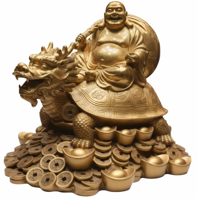 Laughing Buddha Riding Dragon Turtle Tortoise 2D Standing Photo Sculpture (Front)