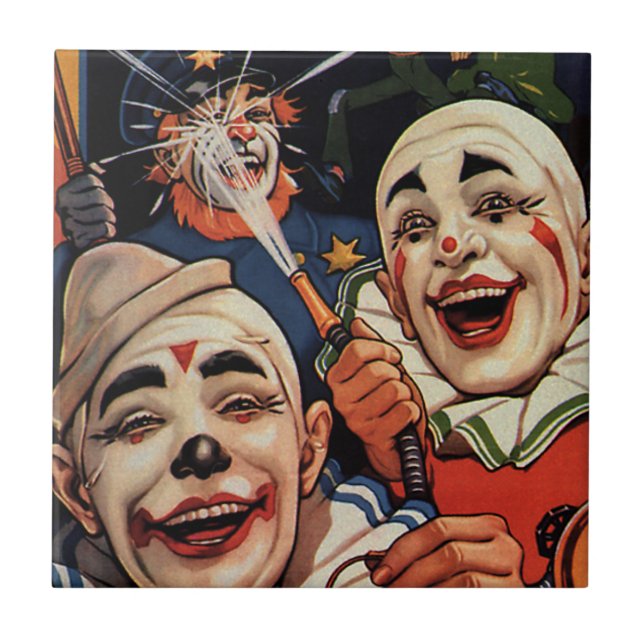 Laughing Circus Clowns and Police, Vintage Humour Tile (Front)