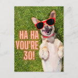 Laughing Dog 30th Birthday Postcard<br><div class="desc">Fun milestone birthday design features photo of laughing Corgi dog with sunglasses and "Ha Ha You're 30"</div>