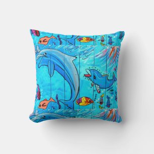 laughing dolphins underwater blue pillow