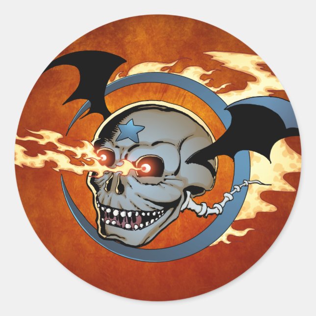 Laughing Flaming Eyeballs Skull with Bat Wings Classic Round Sticker (Front)