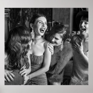 Laughing girls: stylish black-white photo poster