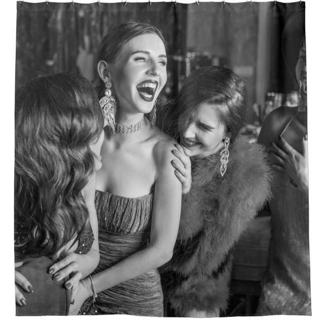 Laughing girls: stylish black-white photo shower curtain (Front)