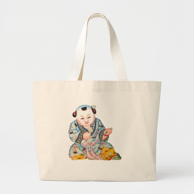 Laughing Good Luck Buddha Asian Buddhist art Large Tote Bag (Front)