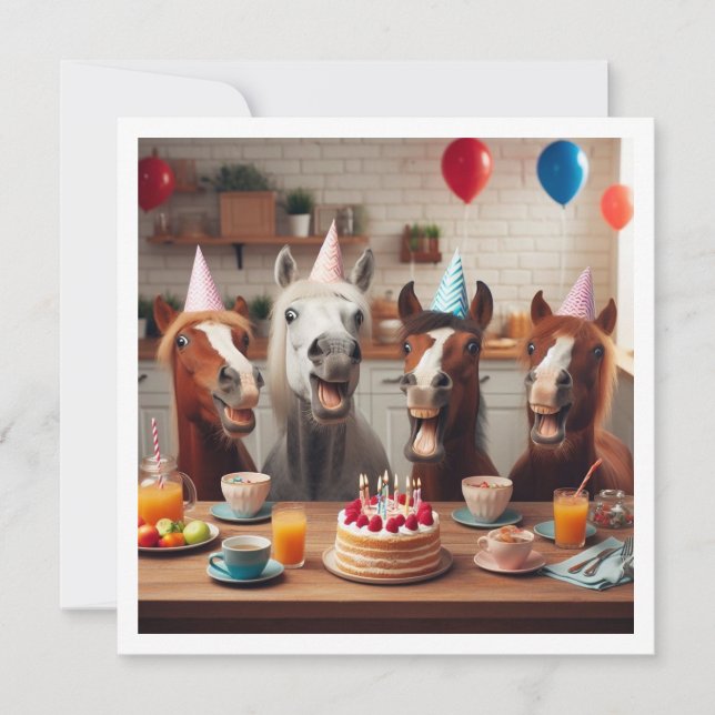 Laughing horses celebrating birthday, horse  invitation (Front)