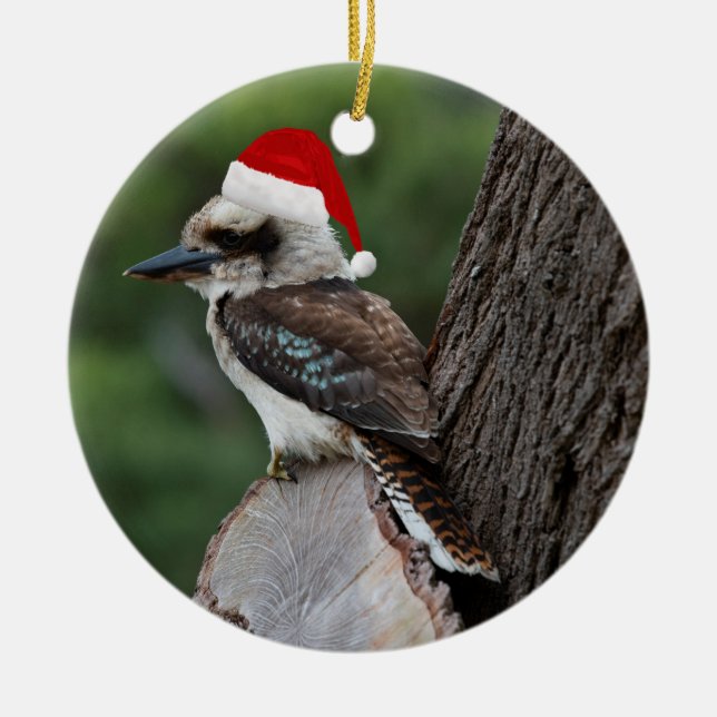 Laughing Kookaburra Bird Christmas Red Santa Hat Ceramic Tree Decoration (Front)