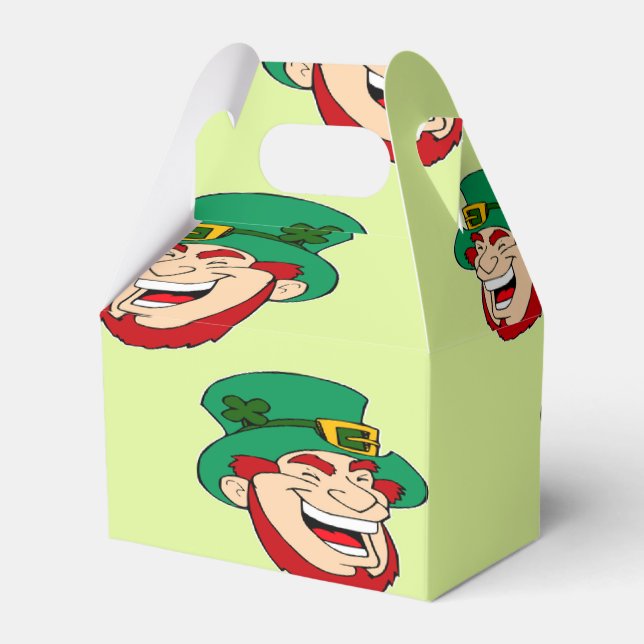 Laughing leprechauns on light green favour box (Front Side)