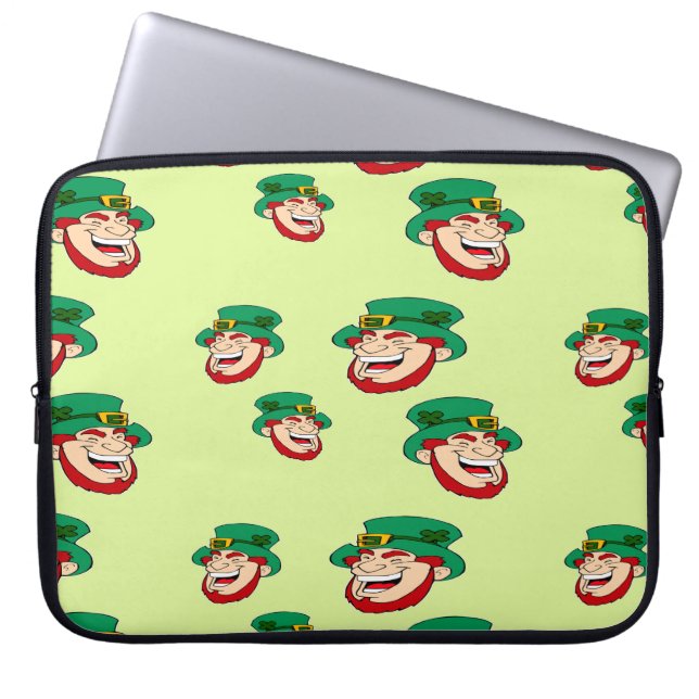Laughing leprechauns on light green laptop sleeve (Front)
