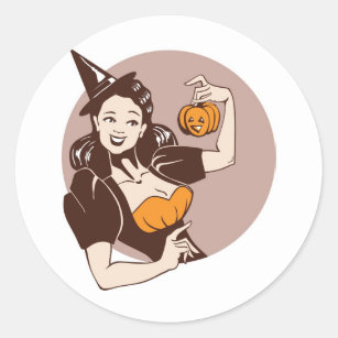 laughing pretty girl in witch costume  with pumpki classic round sticker