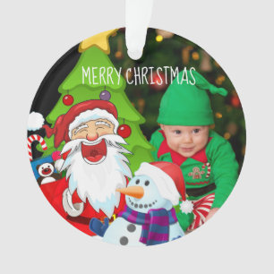 Laughing Santa and Snowman Christmas Baby Photo Ornament