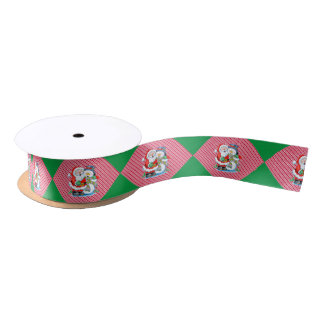 Laughing Santa Claus and Snowman Christmas Stripes Satin Ribbon