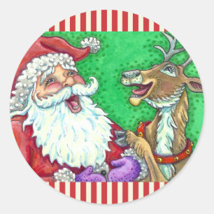 LAUGHING SANTA & REINDEER KNOCK KNOCK JOKES Funny Classic Round Sticker