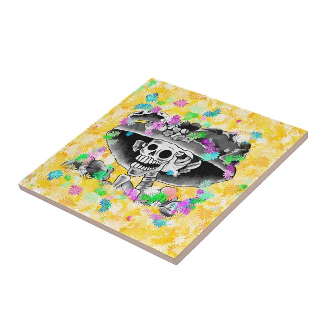 Laughing Skeleton Woman Dia De Los Muertos Tile (Side)