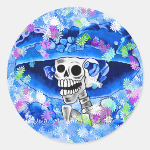 Laughing Skeleton Woman in Blue Bonnet Classic Round Sticker