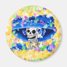 Laughing Skeleton Woman in Blue Bonnet