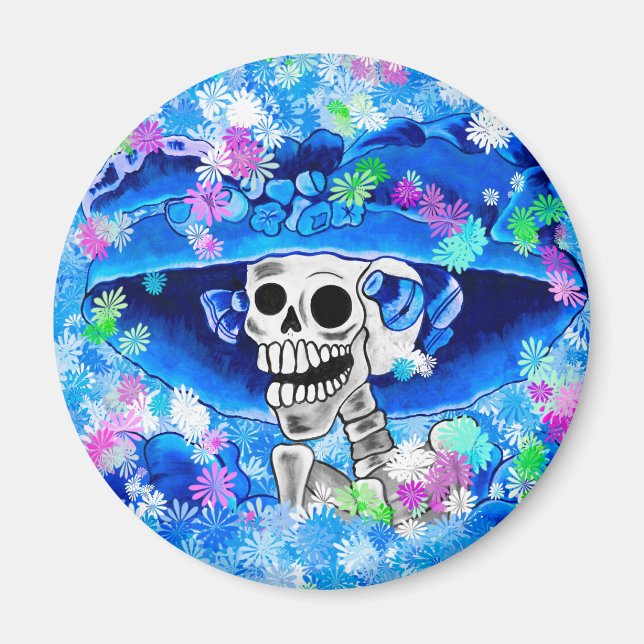 Laughing Skeleton Woman in Blue Bonnet on Blue Magnet (Front)