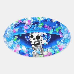Laughing Skeleton Woman in Blue Bonnet on Blue Oval Sticker