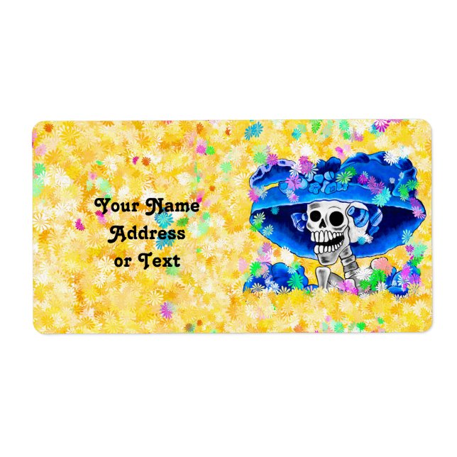 Laughing Skeleton Woman in Blue Bonnet on Yellow (Front)
