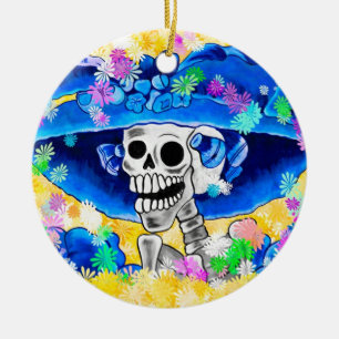 Laughing Skeleton Woman in Blue Bonnet on Yellow Ceramic Tree Decoration