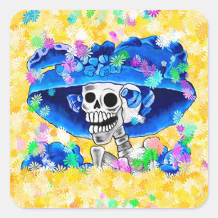 Laughing Skeleton Woman in Blue Bonnet on Yellow Square Sticker