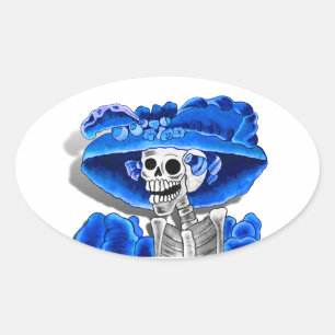 Laughing Skeleton Woman in Blue Bonnet Oval Sticker