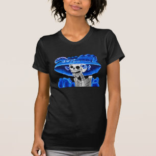 Laughing Skeleton Woman in Blue Bonnet T-Shirt