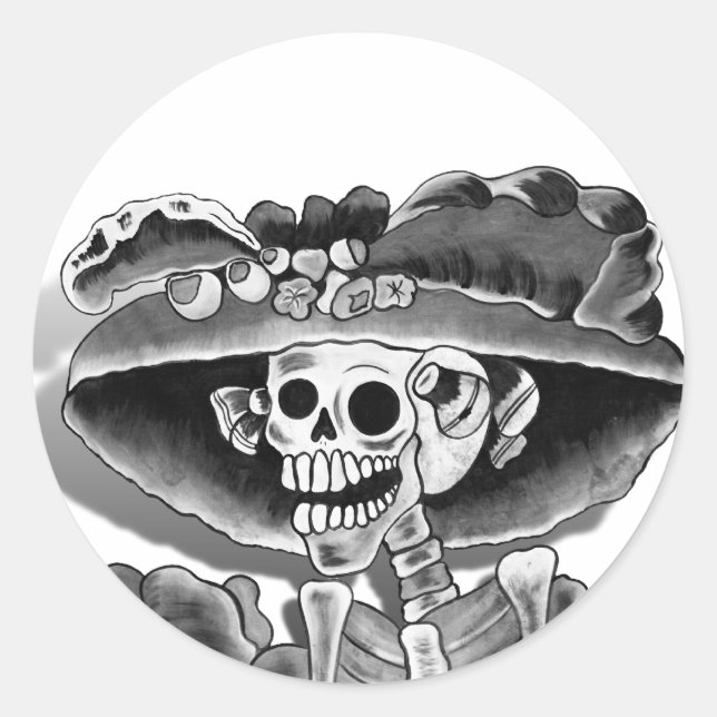Laughing Skeleton Woman in  Bonnet Classic Round Sticker (Front)
