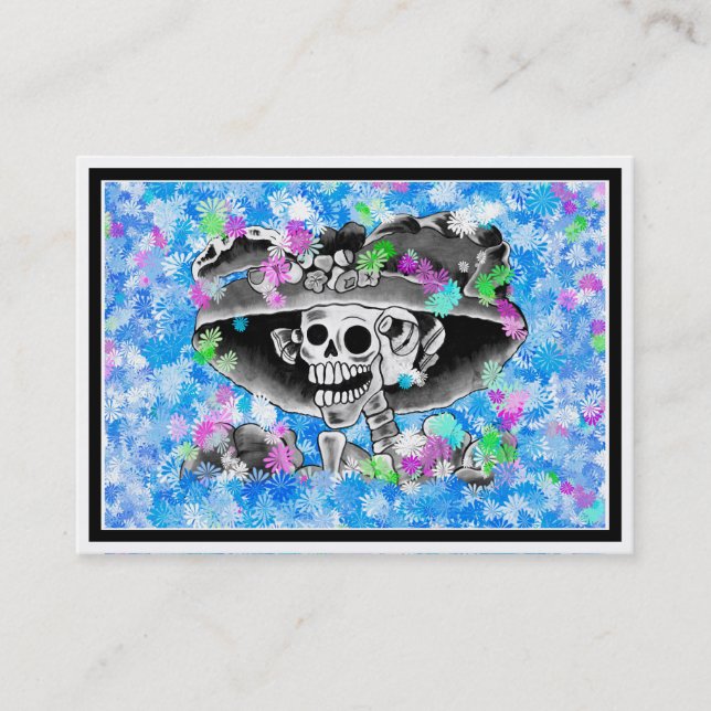 Laughing Skeleton Woman in Bonnet on Blue Business Card (Front)