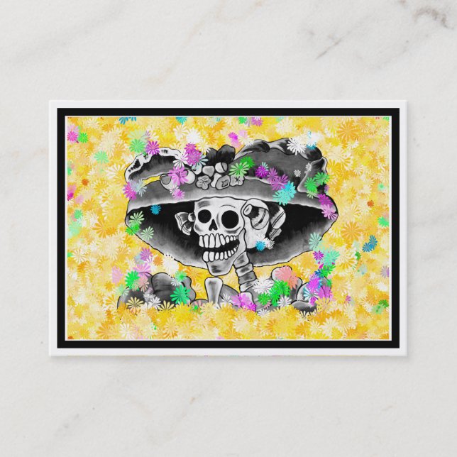 Laughing Skeleton Woman in Bonnet on Yellow Business Card (Front)