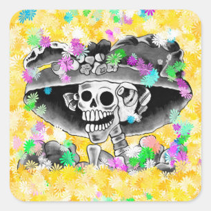 Laughing Skeleton Woman in Bonnet on Yellow Square Sticker